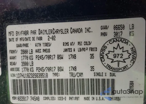 2002 Dodge Ram 1500 St from USA, damaged, VIN 1D7HU18Z32S639518